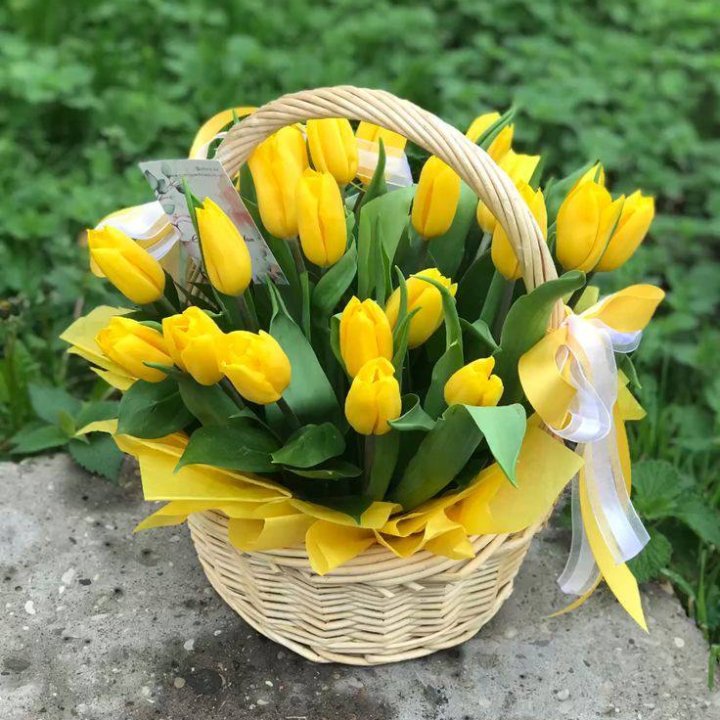 25 желтых тюльпанов в корзине в Саранске