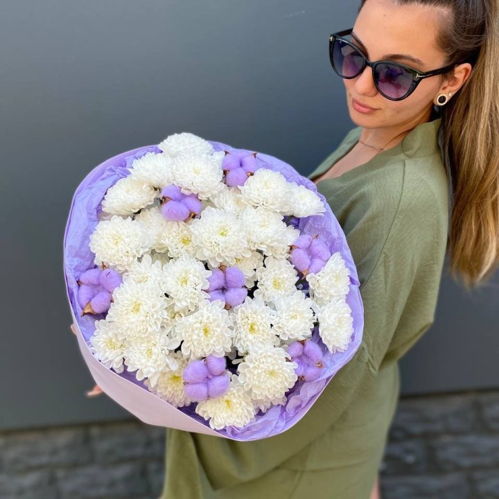  Букет  хризантем и хлопка в Саранске